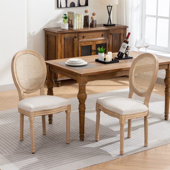 French Style Solid Wood Frame Antique Painting Linen Fabric Rattan Back Dining Chair, Set of 2, Cream, Beige