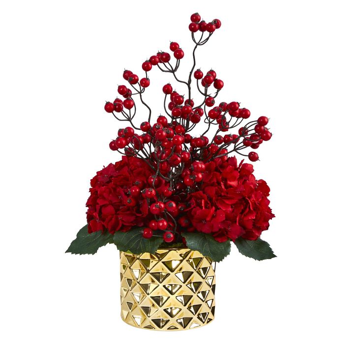 Nearly Natural 18-in Hydrangea and Berries Arrangement in Gold Vase
