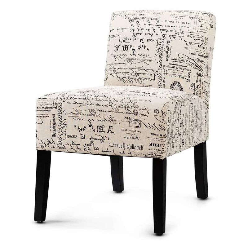 QuikFurn Modern Accent Chair Off-White French Cursive Pattern Upholstery with Black Wood Legs
