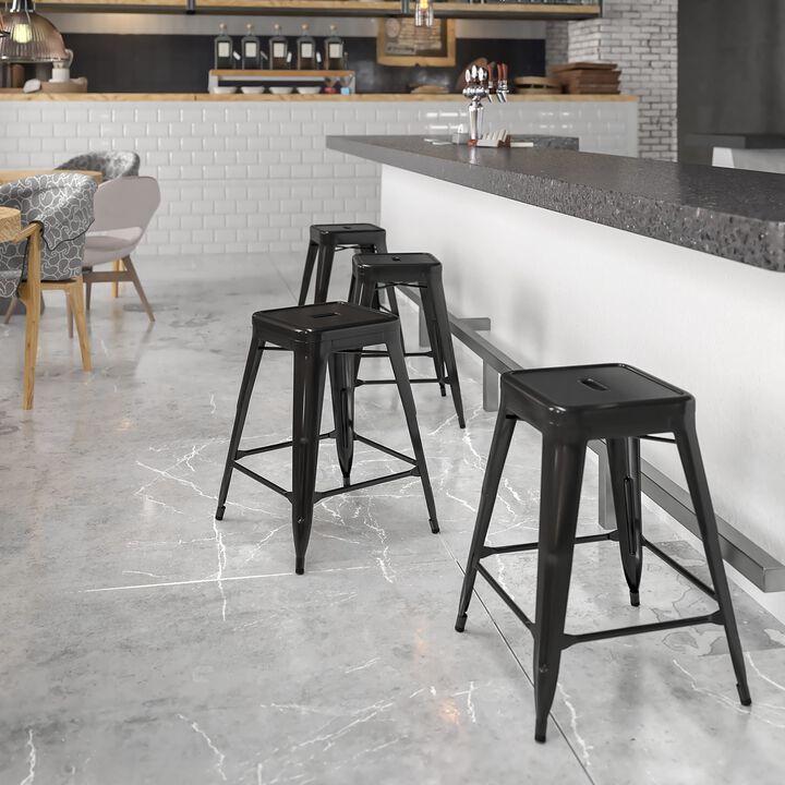 Flash Furniture Kai Commercial Grade 24" High Backless Black Metal Indoor-Outdoor Counter Height Stool with Square Seat