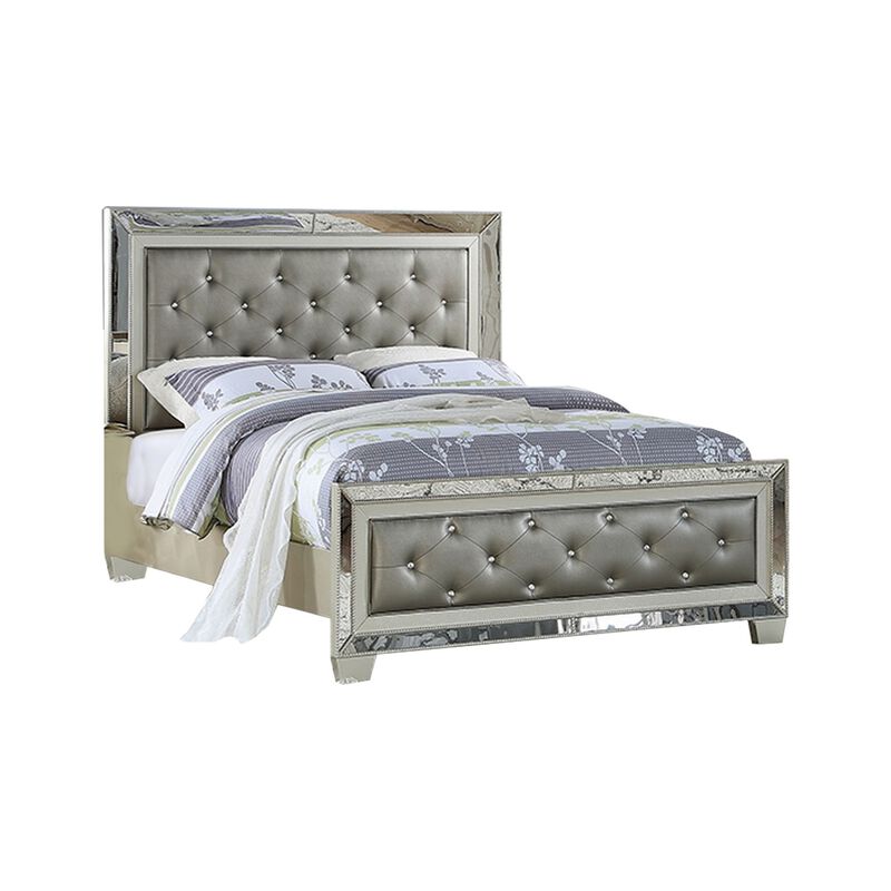 Reva Queen Bed, Mirror Inlaid, Button Tufted Gray Faux Leather Upholstery - Benzara