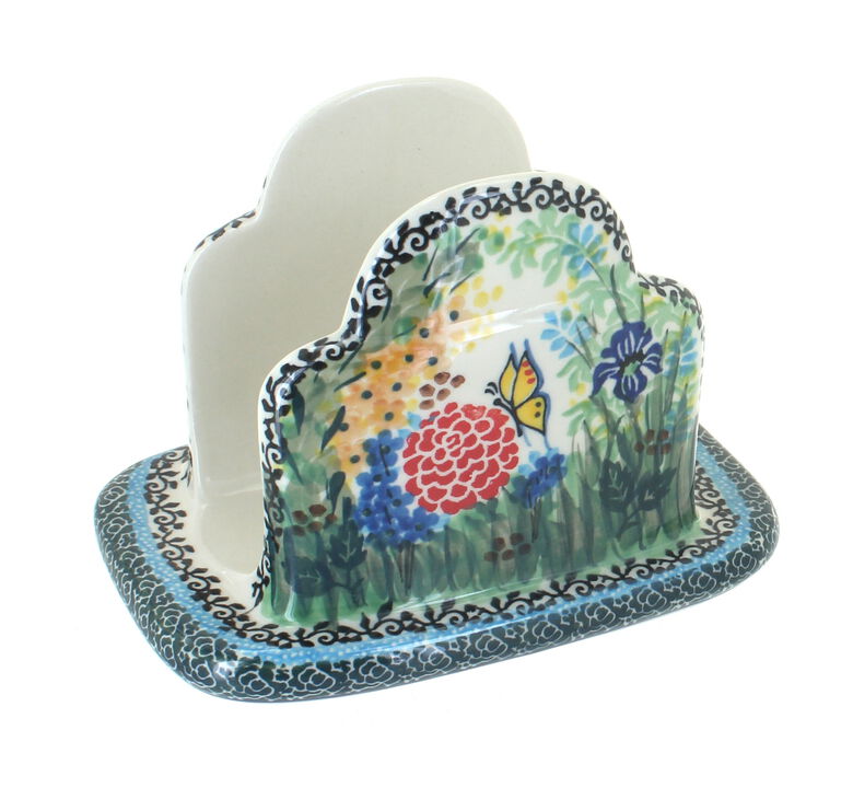 Blue Rose Polish Pottery Peach Posy Napkin Holder