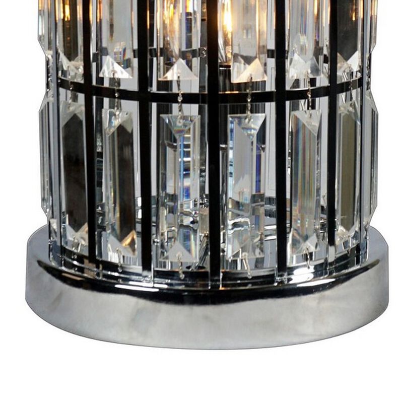 20 Inch Modern Table Lamp, Metal Cage Shade with Glass Accents, Chrome-Benzara