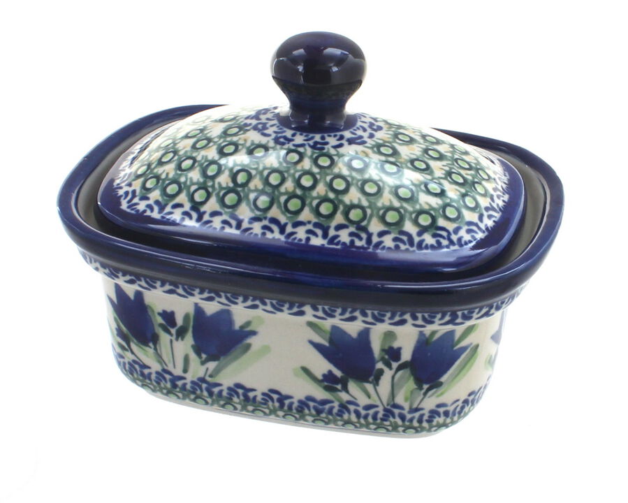 Blue Rose Polish Pottery Porcelain Vine Butter Tub