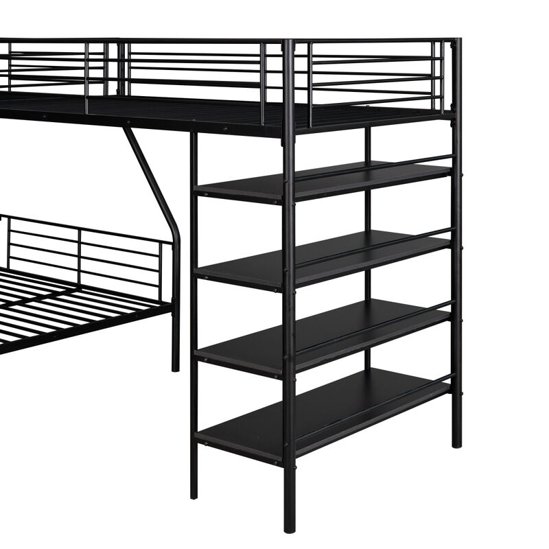 L-Shaped Metal Twin Over Full Bunk Bed And Twin Size Loft Bed With Four Built-In Shelves