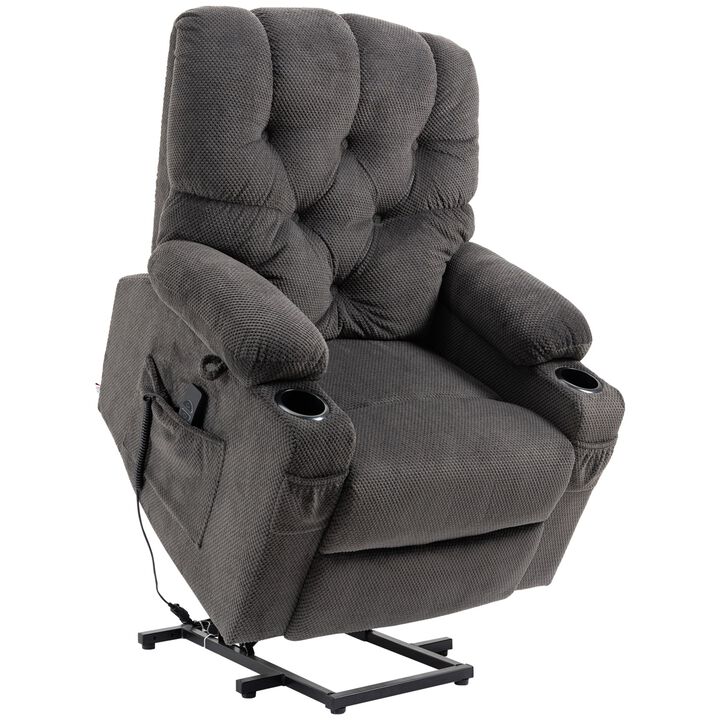 Power Lift Chair, Fabric Tufted Recliner Sofa Chair with Cup Holders, Remote Control, and Side Pockets, Dark Grey
