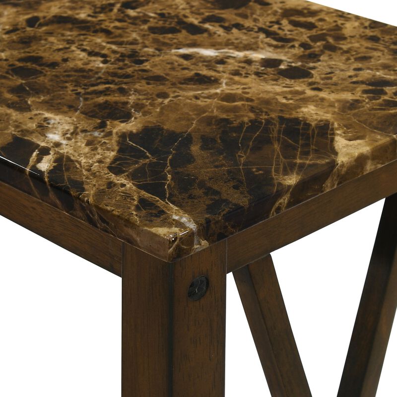 Elena 24 Inch Narrow Side Table, Lower Slatted Shelf, Faux Marble, Brown - Benzara