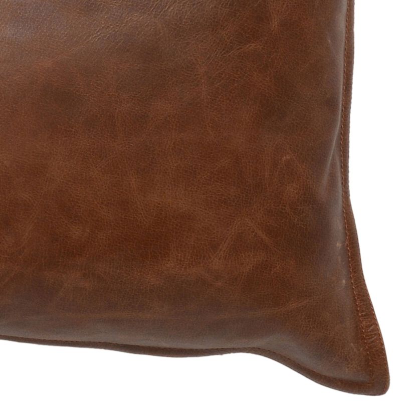 Leatherette Throw Pillow with Stitched Details and Flanged Edges, Brown-Benzara