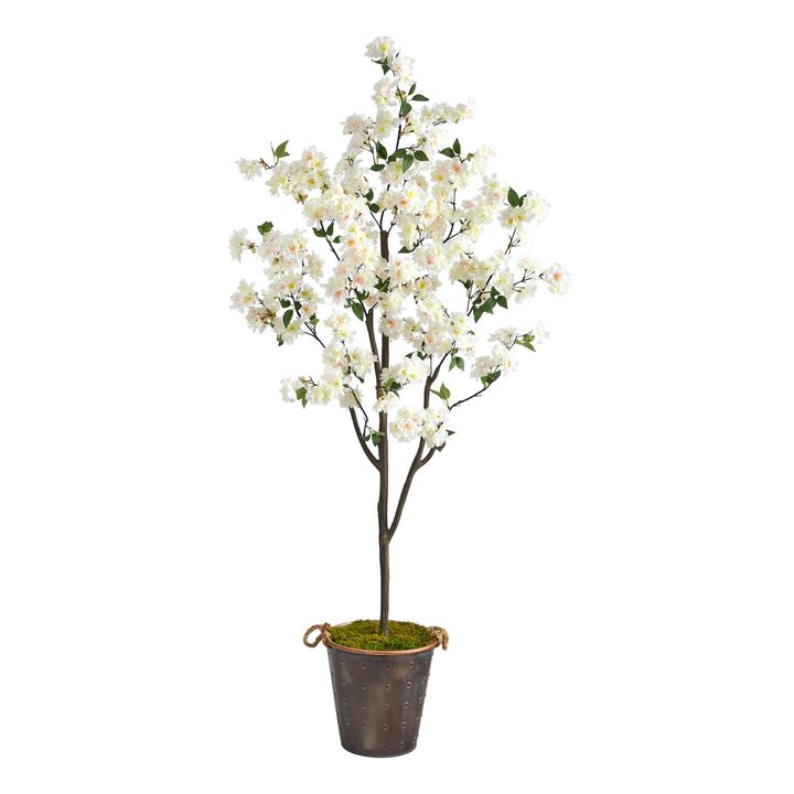 Nearly Natural 6-ft Cherry Blossom Tree in Decorative Metal Pail with Rope
