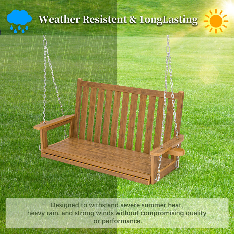 Mega Casa Poly Lumber Porch Swing with Cup Holders, 18/8 Stainless Steel Hanging Chains and Hardware, High Backrest and Deep Contoured Seat, Heavy Duty 900 LBS, All-Weather Resistant Bench Swing (Teak Tone)