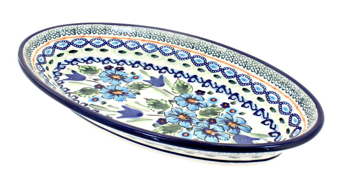 Blue Rose Polish Pottery Evergreen Small Oval Platter