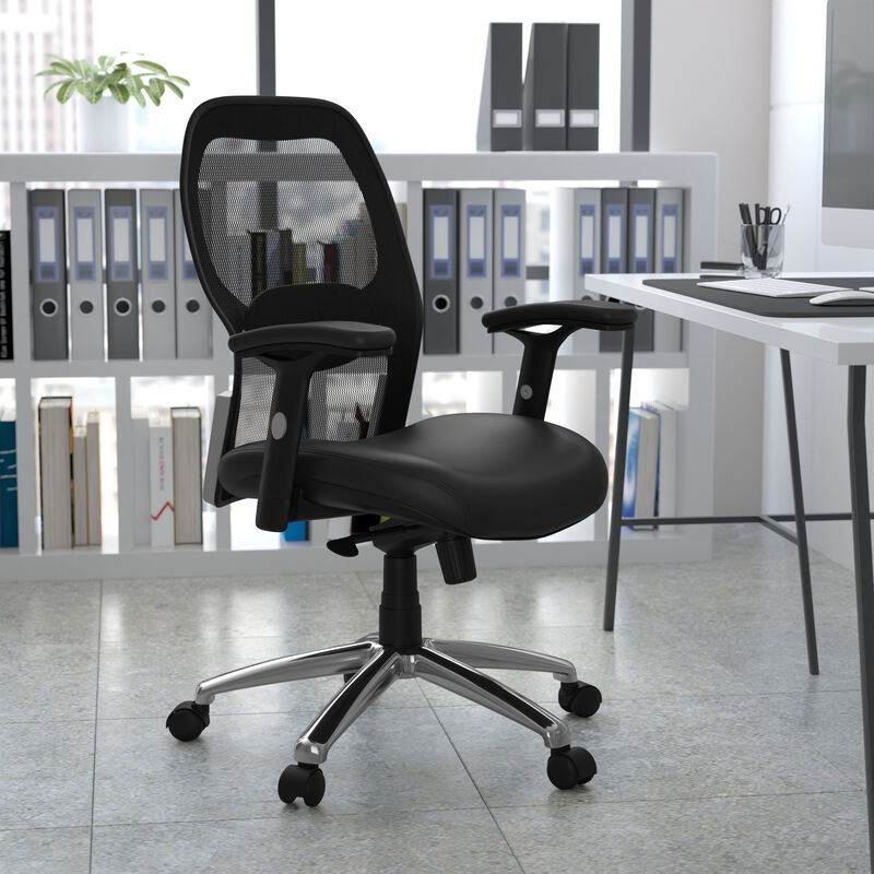 Albert Mid-Back Black Super Mesh Executive Swivel Office Chair with LeatherSoft Seat, Knee Tilt Control and Adjustable Lumbar & Arms