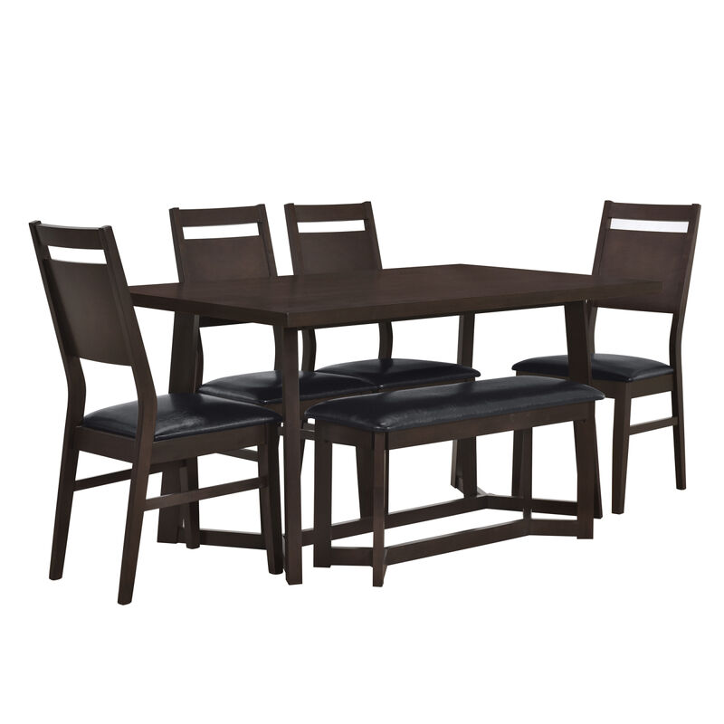 Farmhouse 6-Piece Wood Dining Table Set with 4 Upholstered Chairs and Bench, Dark Brown