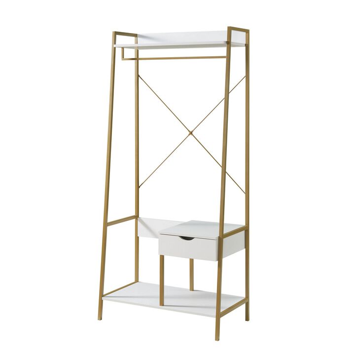 Bery 71 Inch Clothing Rack, 1 Drawer, 1 Hanging Rod Open Shelf, White, Gold - Benzara