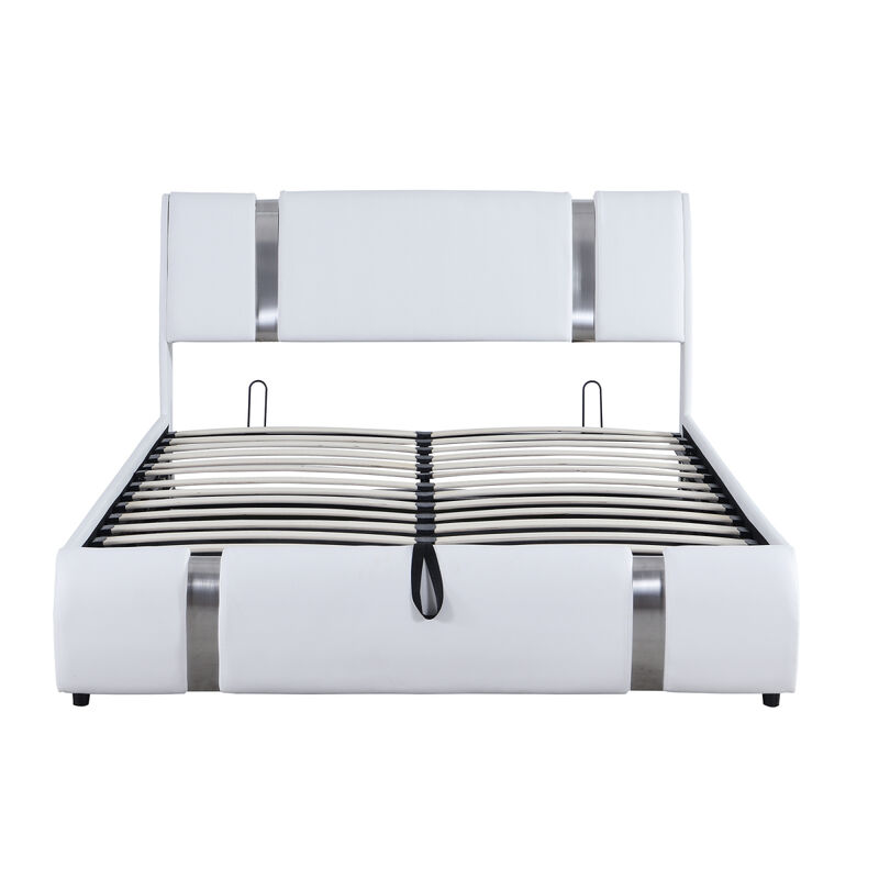 Queen Size Upholstered PU Leather Platform bed with a Hydraulic Storage System, White