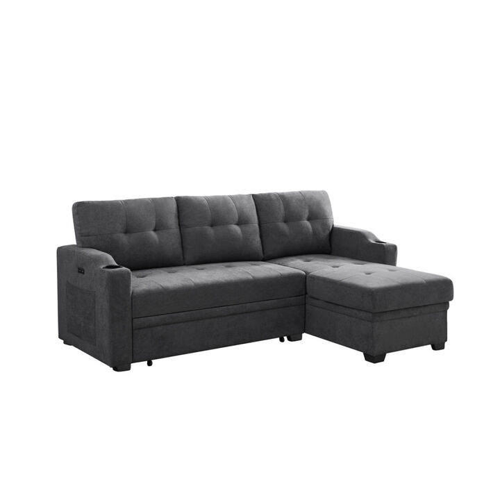 Mabel Dark Gray Woven Fabric Sleeper Sectional With Cup Holder, USB Charging Port And Pocket