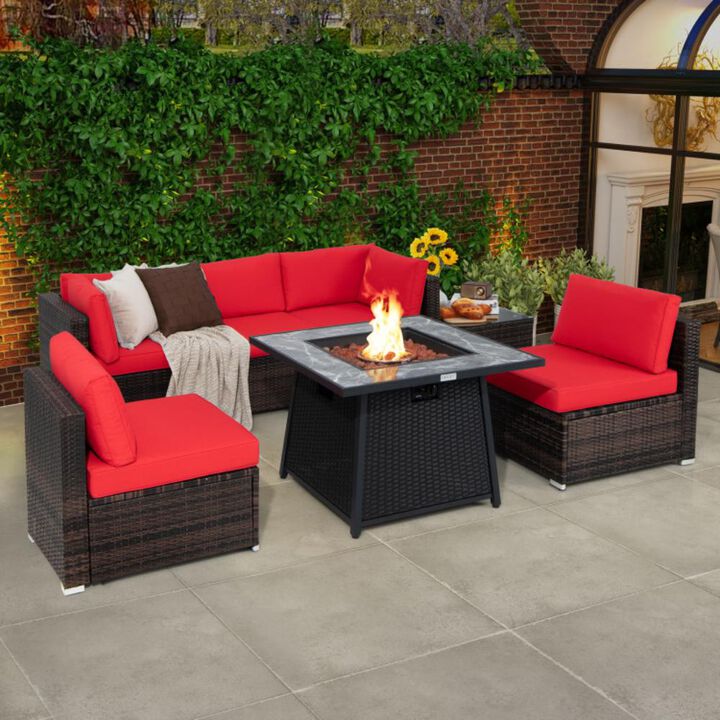 Hivvago 7 Pieces Patio Furniture Set with 35 Inches 50000 BTU Propane Gas Fire Pit Table and Waterproof Cover for Firpit