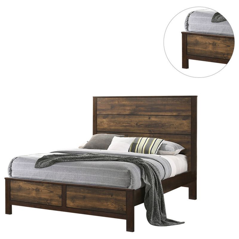 Roki Platform California King Bed with Panel Design, Rustic Brown Finish - Benzara