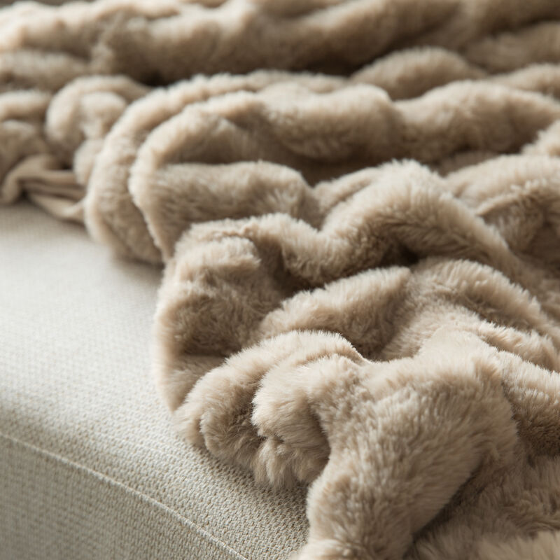 Set of 2 Luxurious 50 in. x 60 in. Rached Faux Fur Cozy Throw Blanket - Decorative Plush Blanket for Sofa and Bed, Soft and Comfortable Home Accent, Warm Winter Blanket, Tan