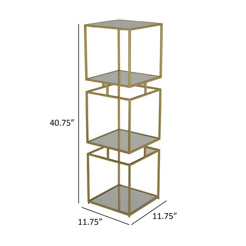 Joy 41 Inch Plant Stand Shelves, Mirrored Box Shape, 3 Tier, Gold Metal - Benzara