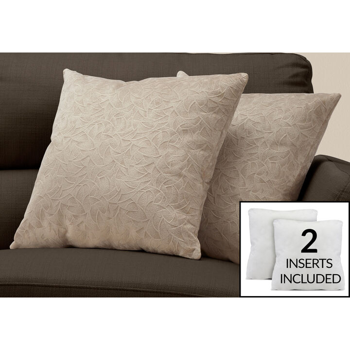 Monarch Specialties I 9255 Pillows, Set Of 2, 18 X 18 Square, Insert Included, Decorative Throw, Accent, Sofa, Couch, Bedroom, Polyester, Hypoallergenic, Beige, Modern