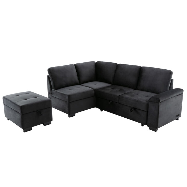 L-Shaped Sleeper Sofa with Storage Ottoman & USB Charge