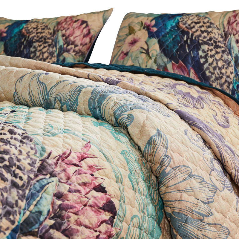 Ufa 36 Inch Quilted King Pillow Sham, Peacock Print, Vermicelli Stitching - Benzara