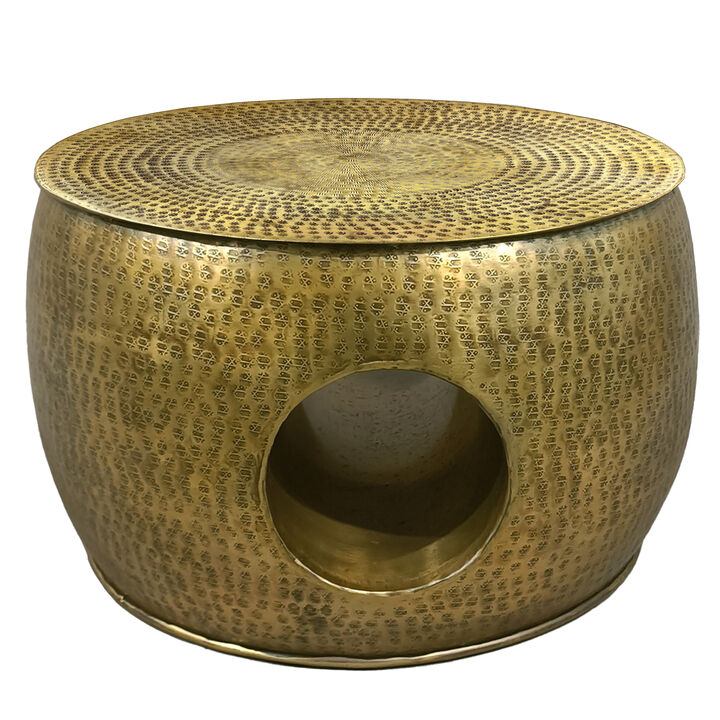 Nala 23 Inch Coffee Table, Low Round Drum Shape with Unique Hollow Center, Antique Brass Aluminum - Benzara
