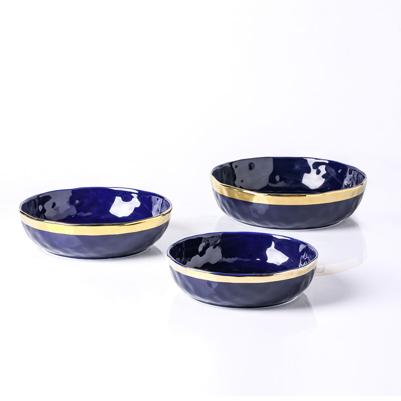 Stone Lain Florian Porcelain Serving Shallow Bowl Set 3 Piece, Blue