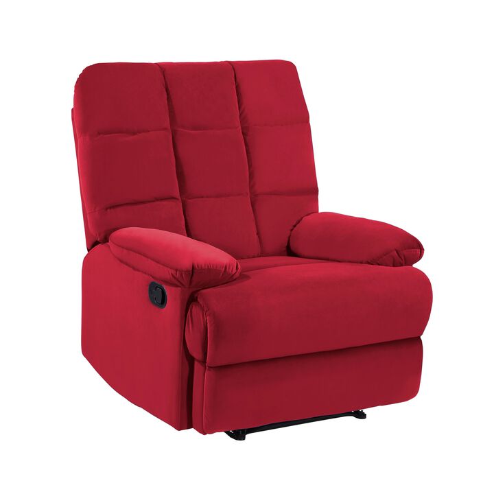 Patty 36 Inch Manual Recliner Chair, Soft Cushion, Red Velvet, Solid Wood - Benzara