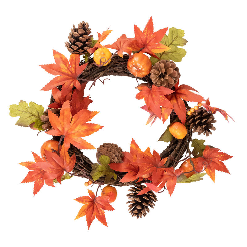 Orange Foliage with Pine Cones and Pumpkins Autumn Harvest Wreath  10-Inch  Unlit