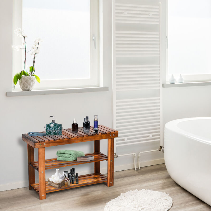 Freestanding Wood Bench with 3-Tier Storage Shelves