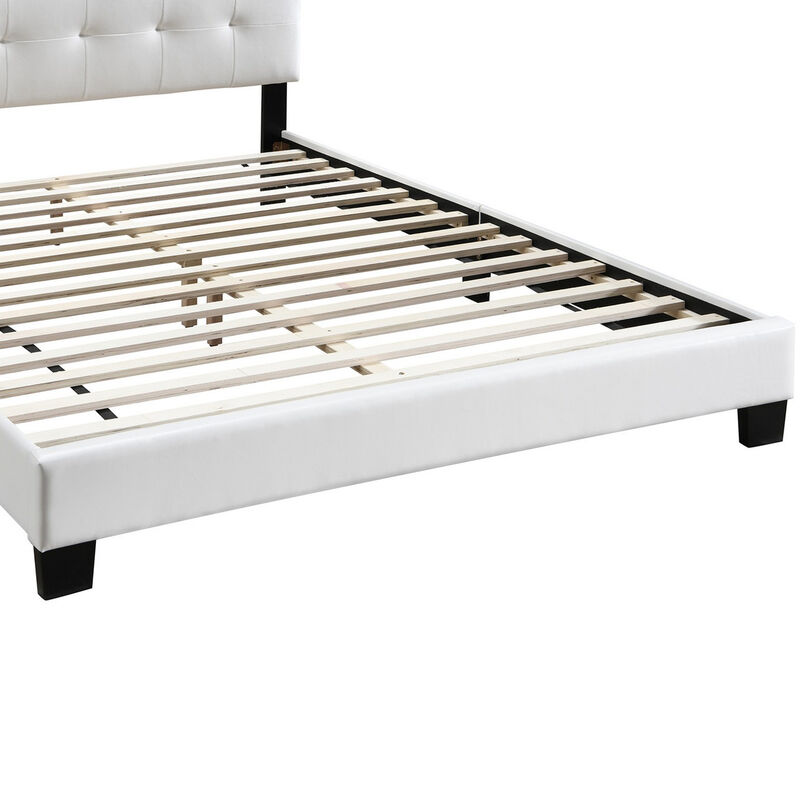 Queen Leatherette Bed with Checkered Tufted Headboard, White-Benzara