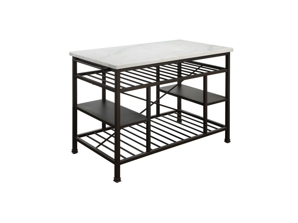 Marble Top Metal Kitchen Island with 2 Slated Shelves, Brown and White - Benzara