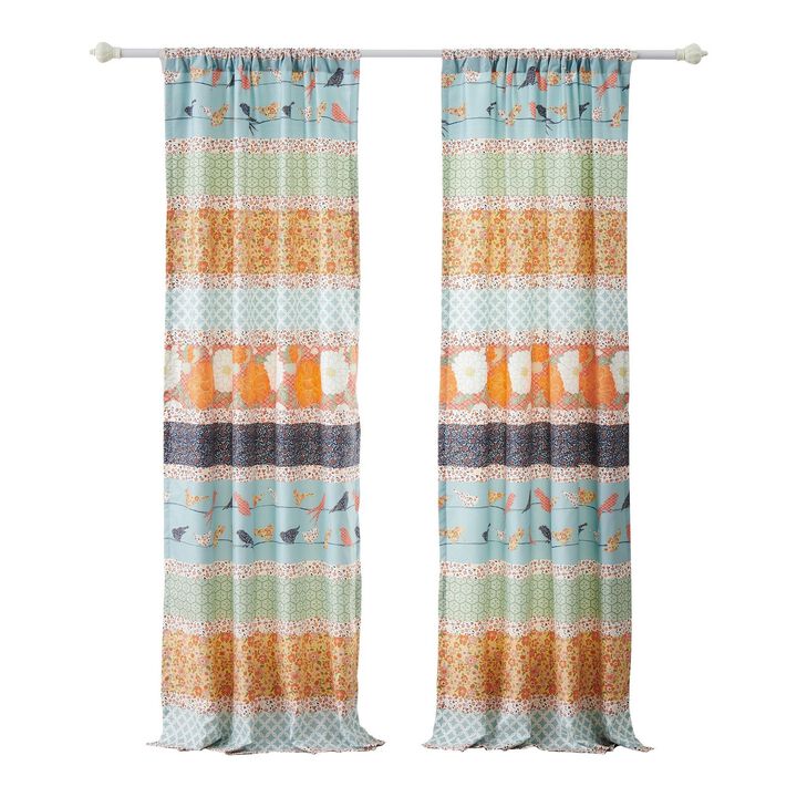 Nite Set of 2 Microfiber Window Curtains, Floral and Striped, Multicolor - Benzara