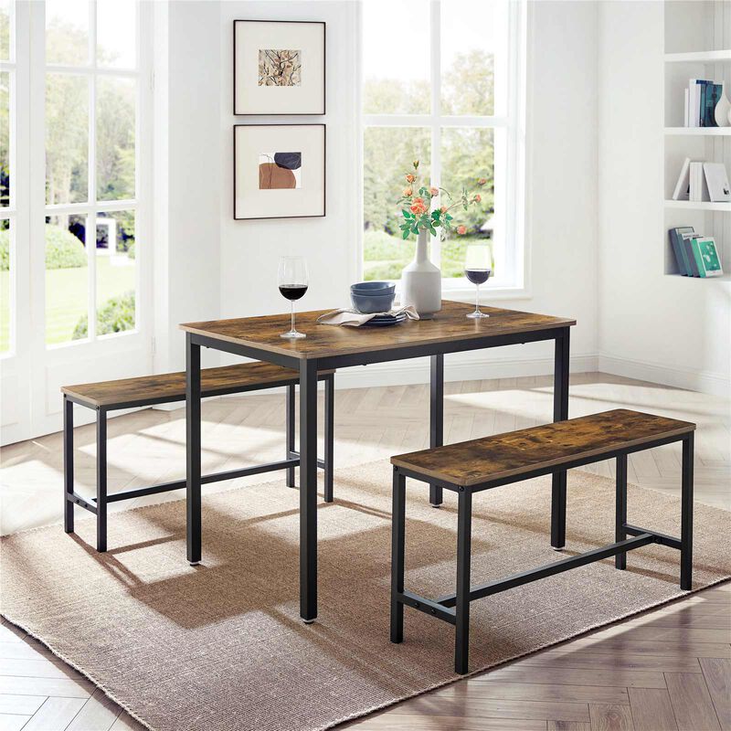 3-Piece Dining Table Set with Benches - Rustic Brown and Black