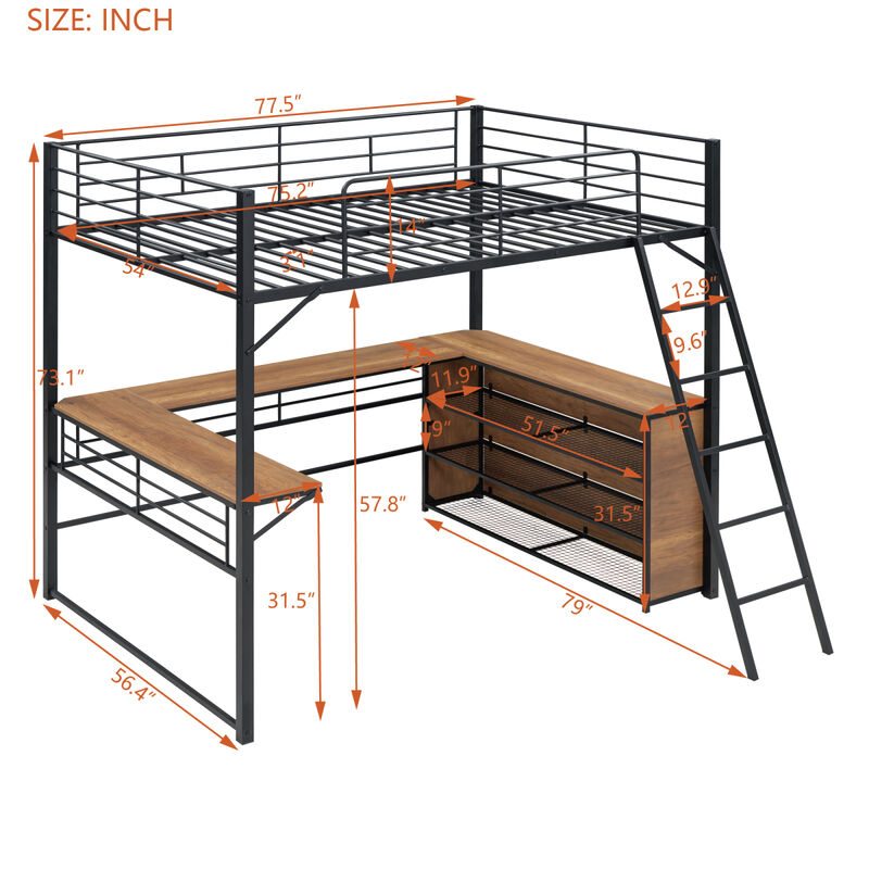 Full Size Metal Loft Bed With 3 Layers Of Shelves And L-Shaped Desk