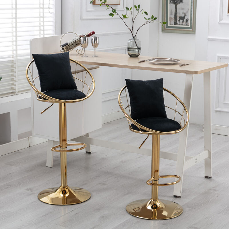 Black velvet bar chair, pure gold plated, unique design，360 degree rotation, adjustable height，Suitable for Dining room and bar，set of 2