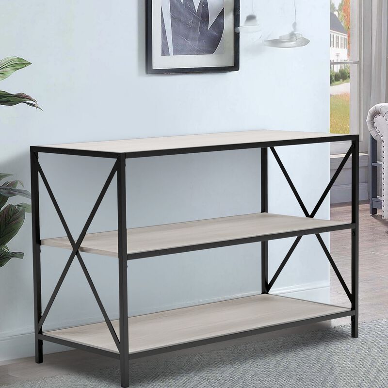Gem 40 Inch Metal Console Sideboard Table, 3 Shelves, X Side Accents, Black, Whitewash-Benzara