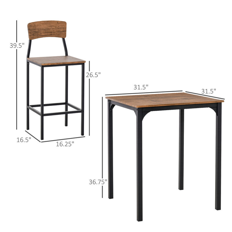 Industrial 3-Piece Bar Table Set with Steel Chairs