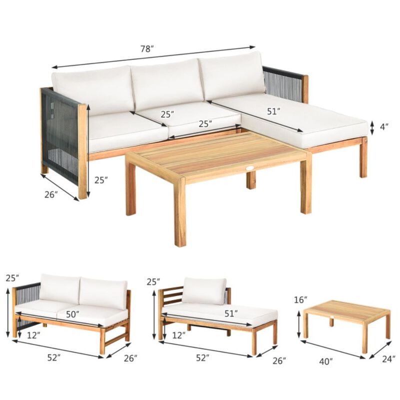 Hivvago 3 Pieces Patio Acacia Wood Sofa Furniture Set with Nylon Rope Armrest