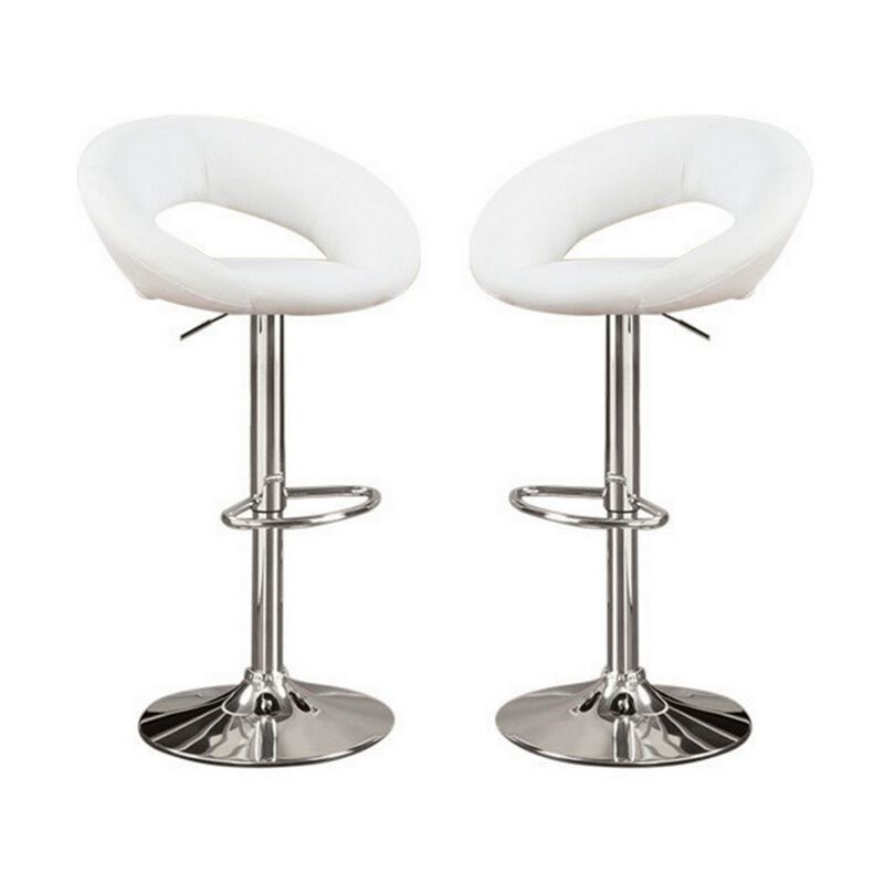 Metal Base Bar Stool With Faux Leather Seat White & Silver Set of 2-Benzara