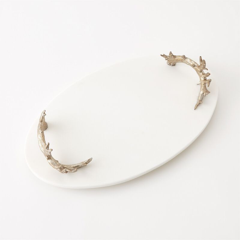 White Marble Platter with Silver Reindeer Antler Handles