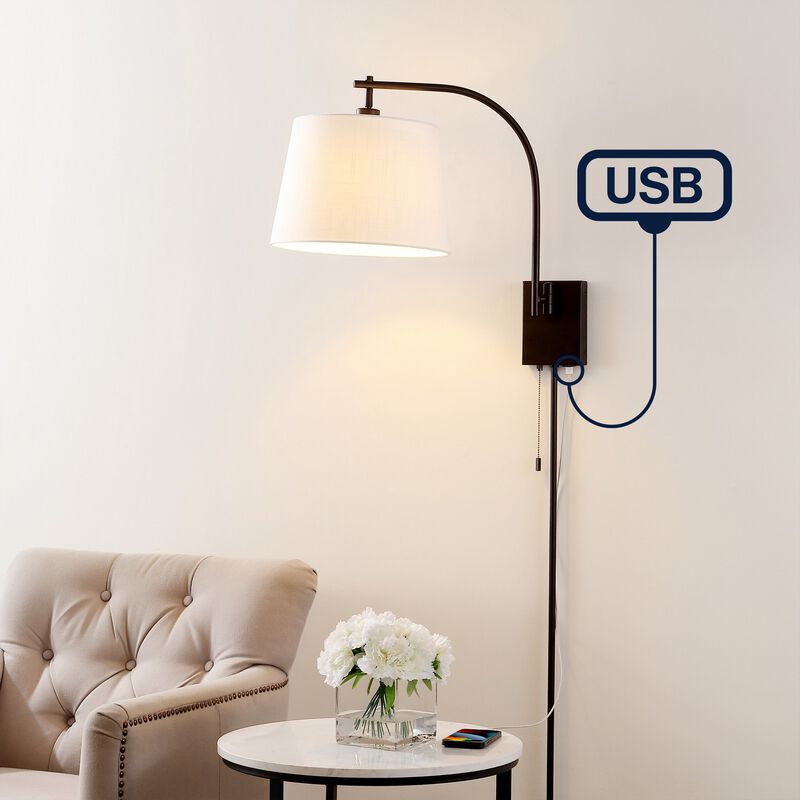 Gosling Mid-Century Modern Plug-In or Hardwired Iron LED Gooseneck Swing Arm Wall Sconce with Pull-Chain and USB Charging Port