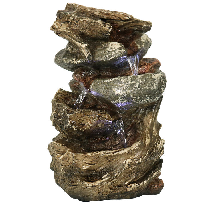 Sunnydaze Tiered Rock and Log Indoor Water Fountain with LEDs - 10.5 in