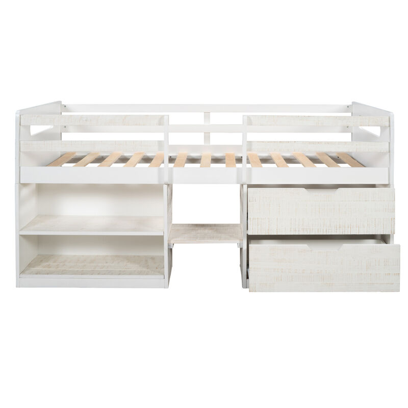 Twin size Loft Bed with Two Shelves and Two drawers (White)