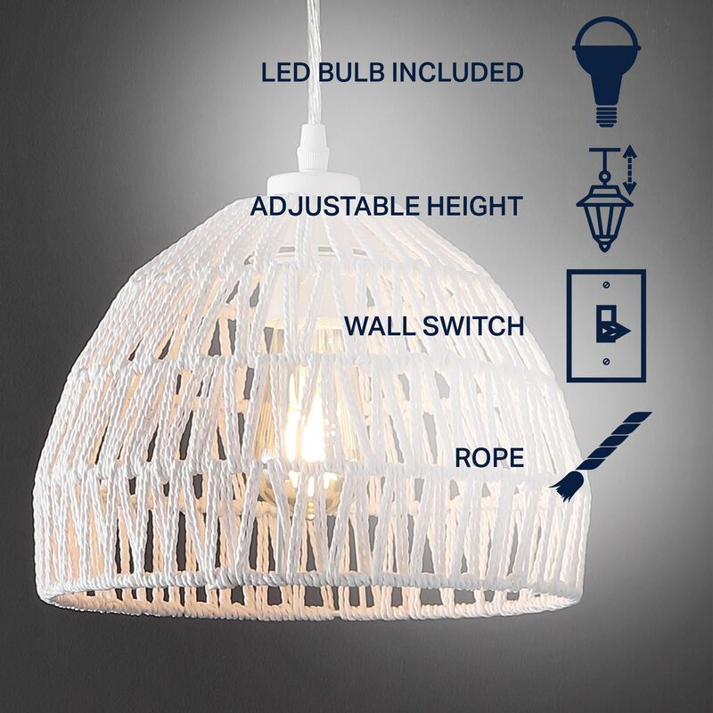 Campana 10.25" 1-Light Bohemian Modern Woven Rope/Iron LED Pendant, White