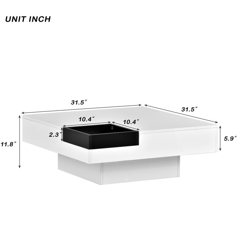 Modern Minimalist Design Square Coffee Table with Detachable Tray and Plug-in 16-color LED Strip Lights Remote Control