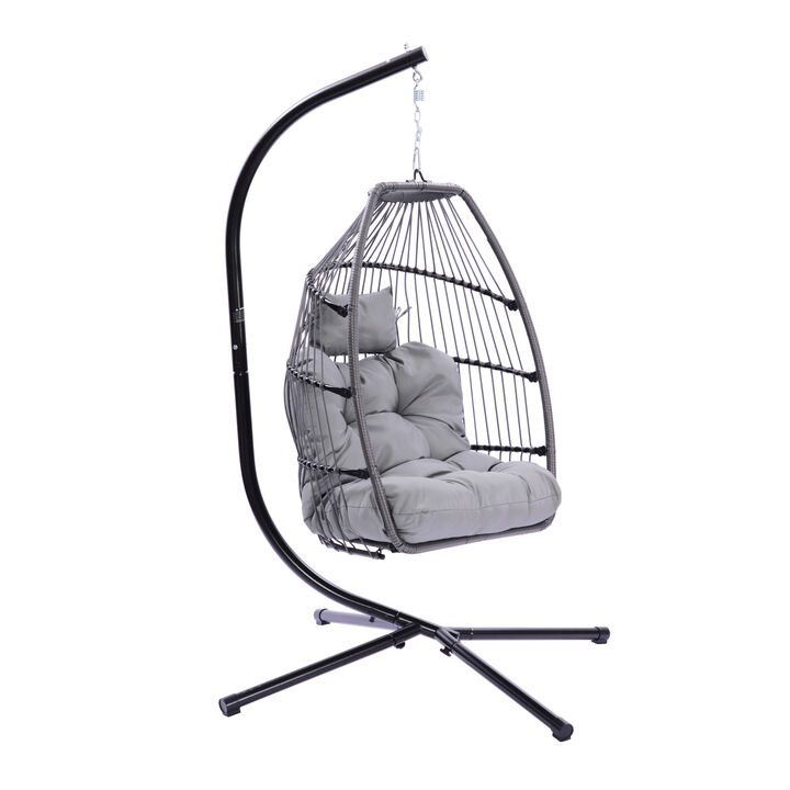 Outdoor Patio Wicker Folding Hanging Chair, Rattan Swing Hammock Egg Chair With Cushion And Pillow