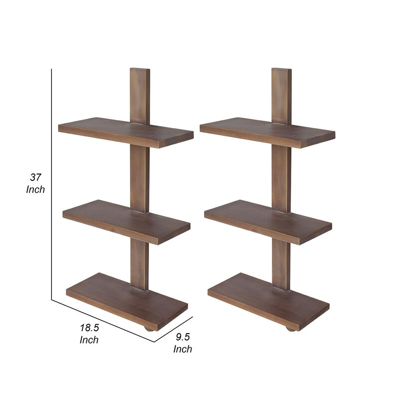 Firy 37 Inch Set of 2 Hanging Shelves, 3 Tiers, Natural Waru Wood Finish - Benzara